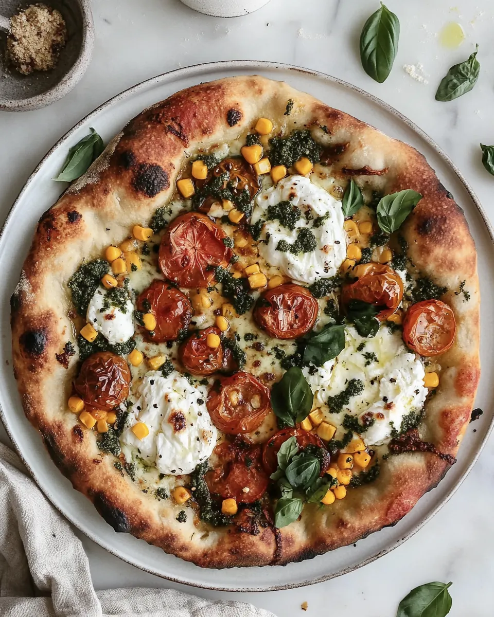 Blistered Tomatoes Corn Burrata Pizza