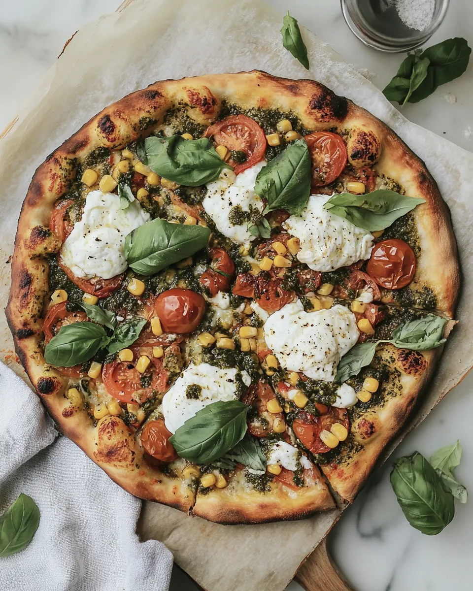 Blistered Tomatoes Corn Burrata Pizza