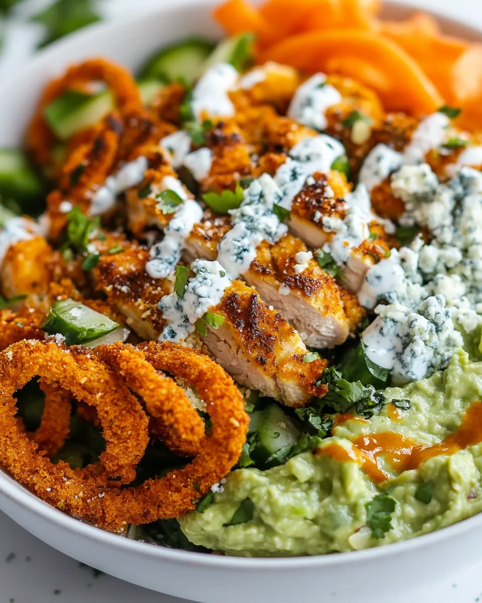 Buffalo Chicken Blue Cheese Guacamole and Crunchy Baked Onion Ring Salad