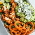 Buffalo Chicken Blue Cheese Guacamole and Crunchy Baked Onion Ring Salad