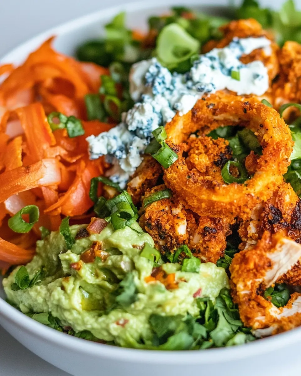 Buffalo Chicken Blue Cheese Guacamole and Crunchy Baked Onion Ring Salad