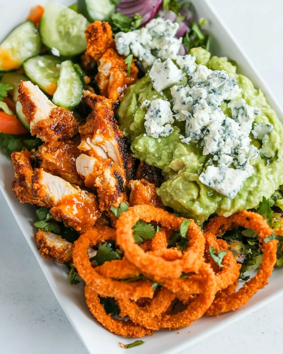 Buffalo Chicken Blue Cheese Guacamole and Crunchy Baked Onion Ring Salad