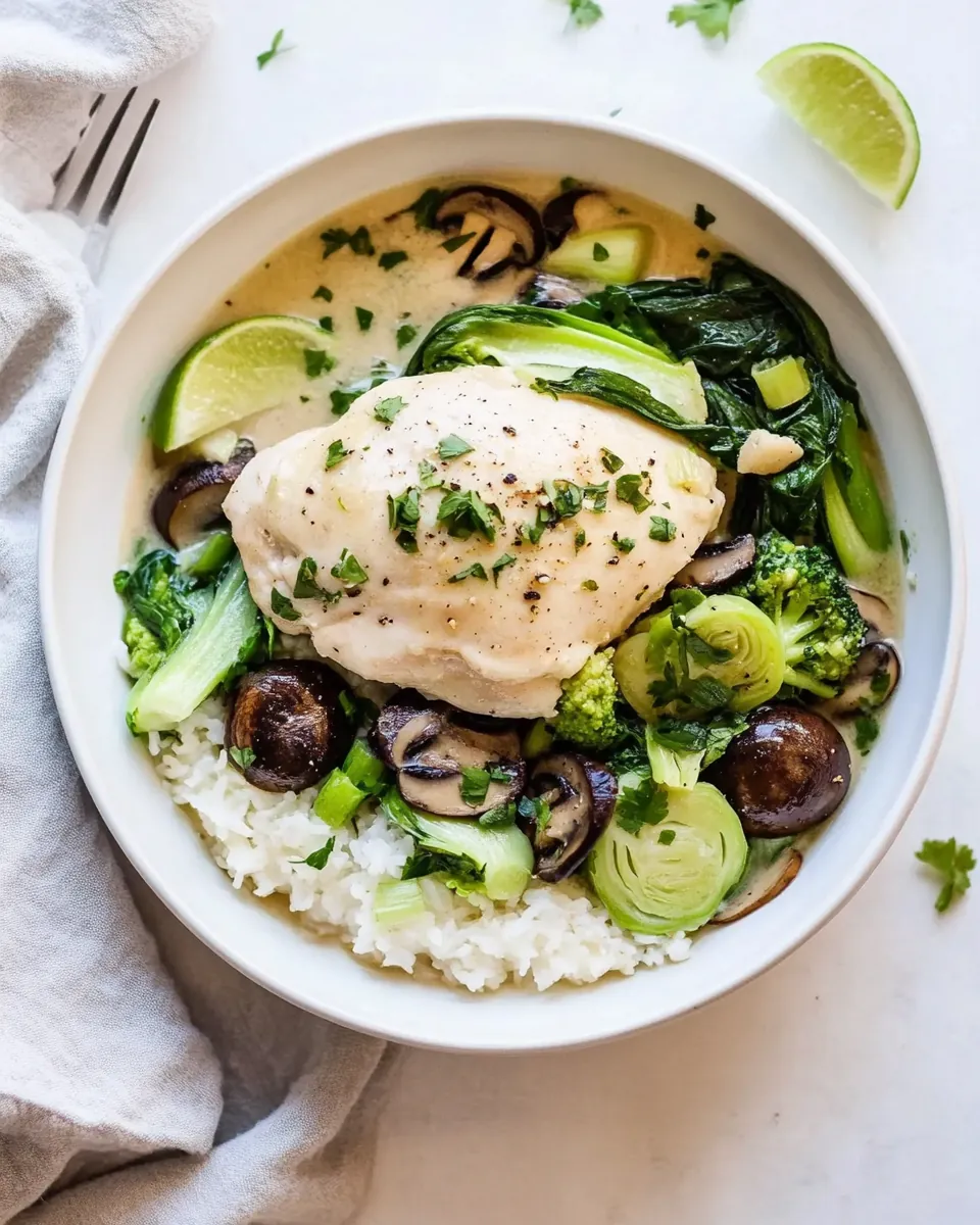 Coconut Poached Chicken with Bok Choy and Mushrooms