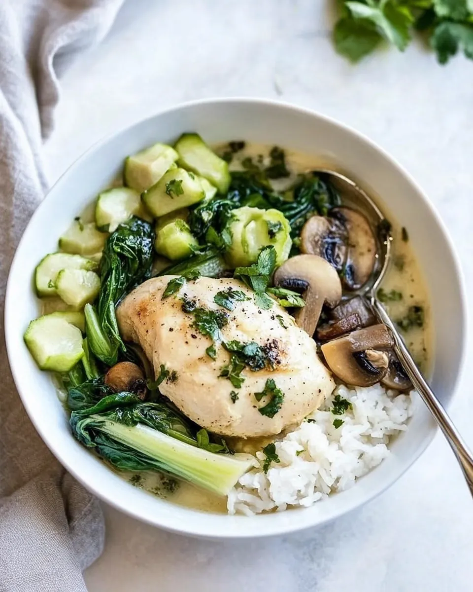 Coconut Poached Chicken with Bok Choy and Mushrooms