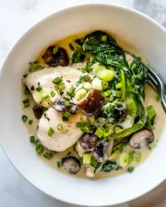 Coconut Poached Chicken with Bok Choy and Mushrooms