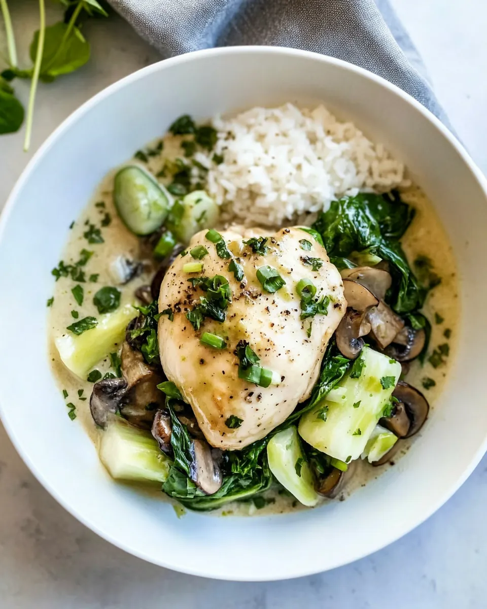 Coconut Poached Chicken with Bok Choy and Mushrooms
