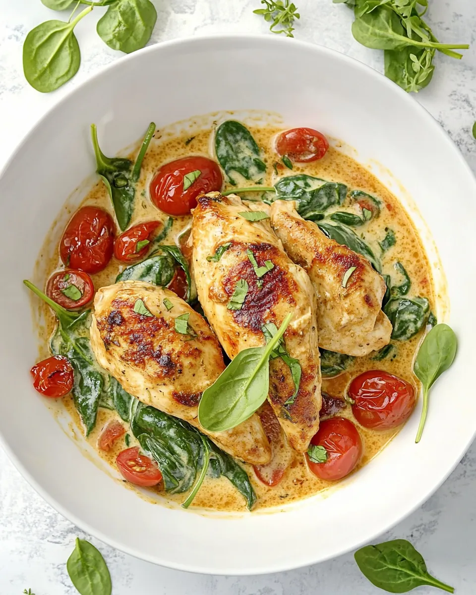 Creamy Garlic Chicken with Spinach and Cherry Tomatoes