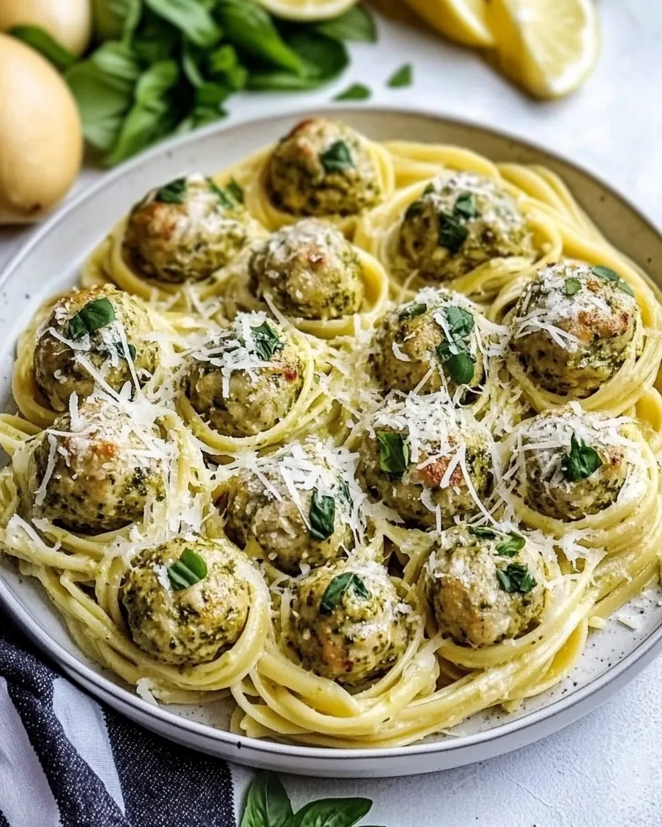 Creamy Garlic Pasta Nests with Pesto Chicken Meatballs