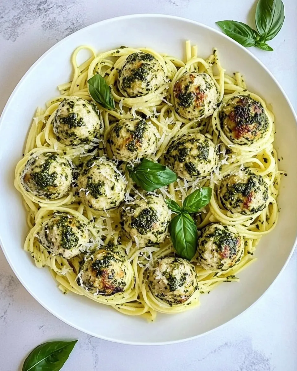 Creamy Garlic Pasta Nests with Pesto Chicken Meatballs