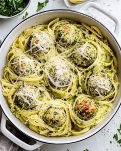 Creamy Garlic Pasta Nests with Pesto Chicken Meatballs