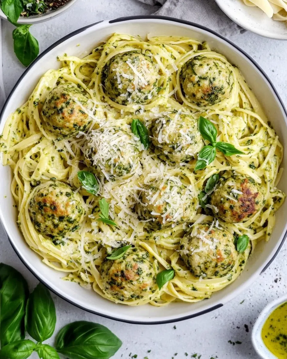 Creamy Garlic Pasta Nests with Pesto Chicken Meatballs