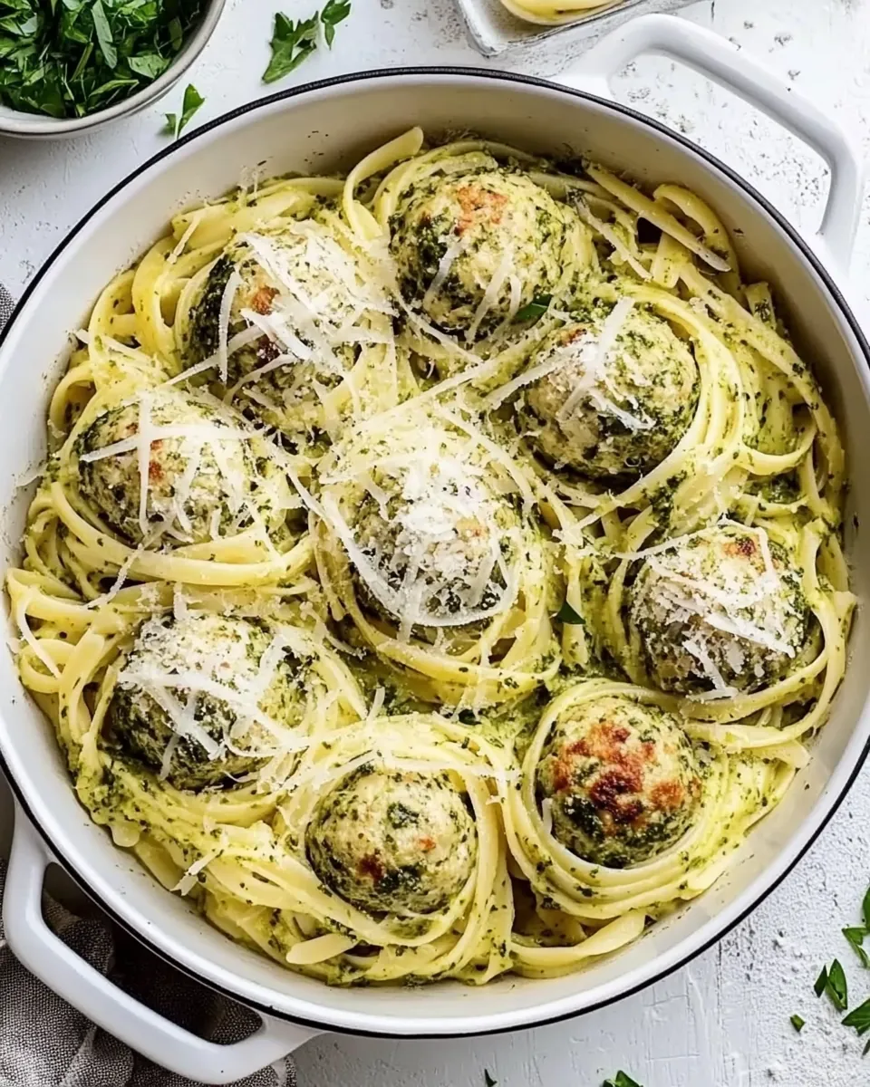 Creamy Garlic Pasta Nests with Pesto Chicken Meatballs