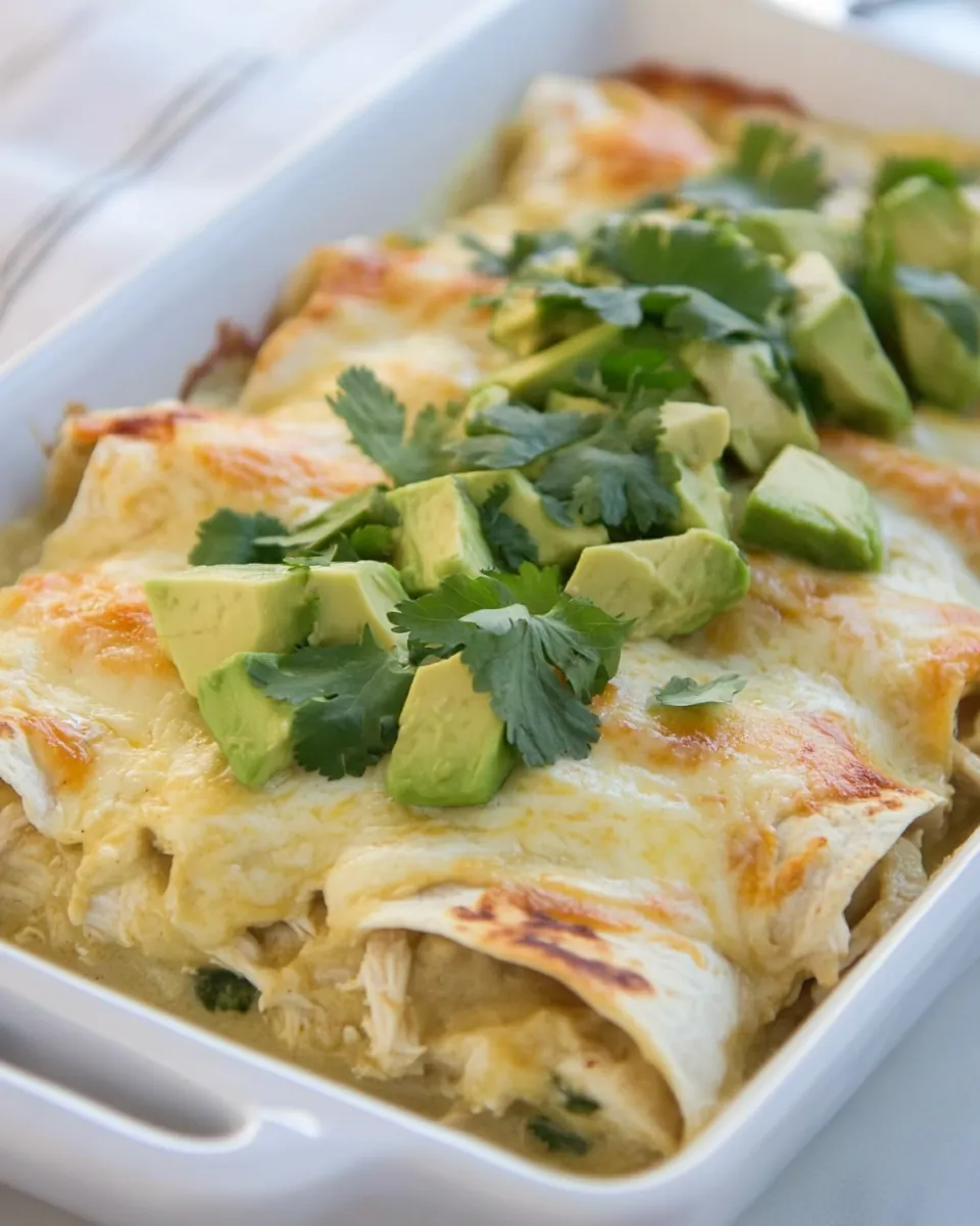 Creamy White Chicken and Avocado Enchiladas