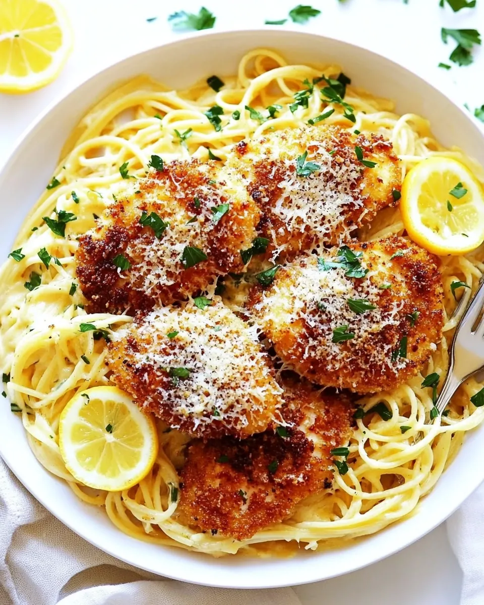 Crispy Parmesan Chicken with Creamy Lemon Garlic Pasta