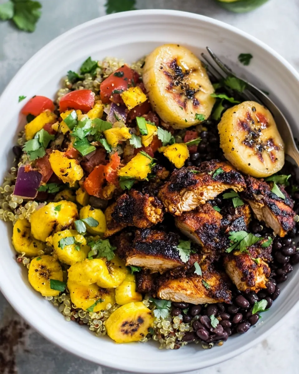 Cuban Chicken and Black Bean Quinoa Bowls with Fried Bananas
