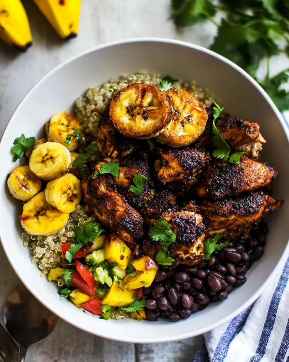 Cuban Chicken and Black Bean Quinoa Bowls with Fried Bananas