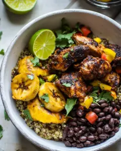 Cuban Chicken and Black Bean Quinoa Bowls with Fried Bananas