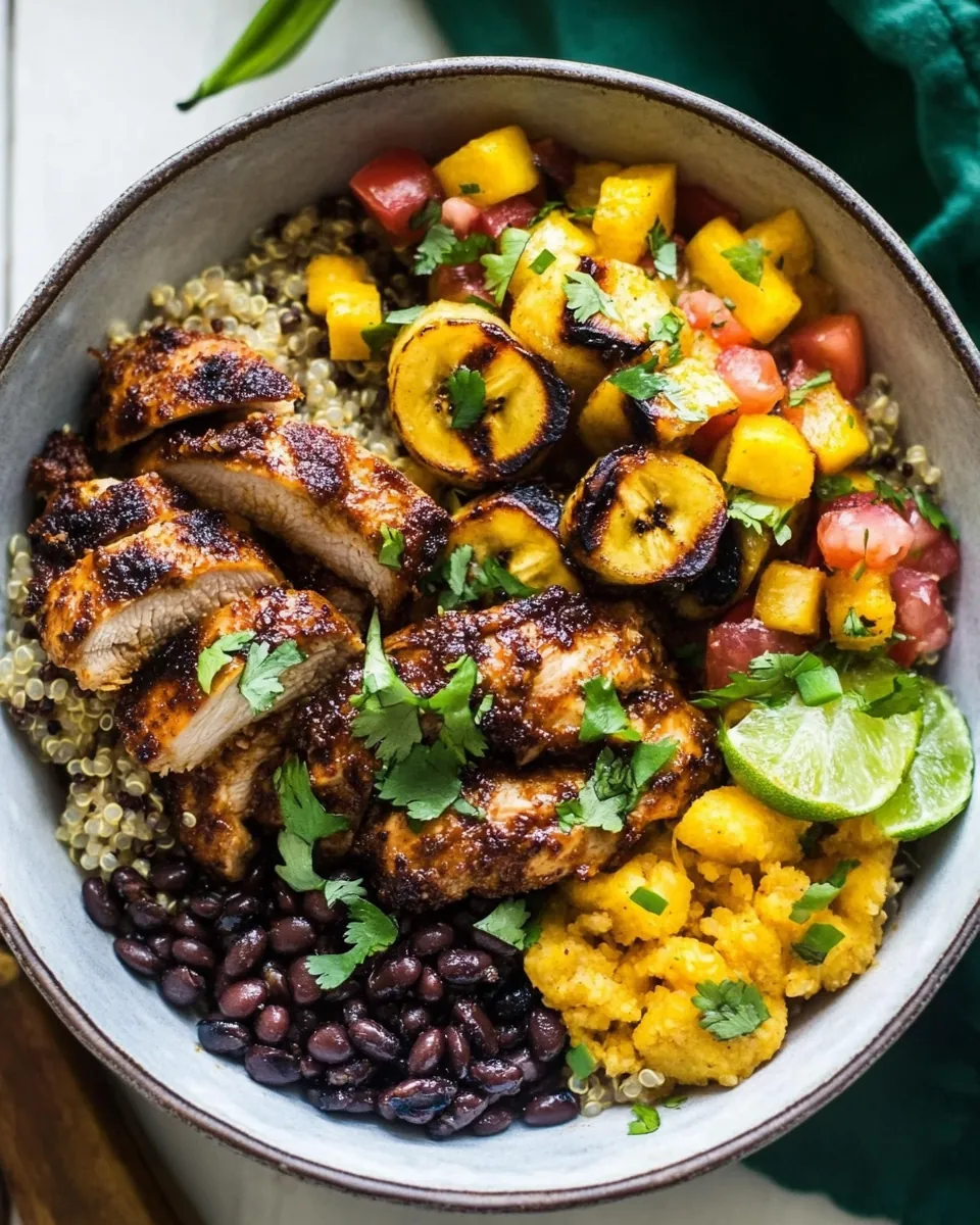 Cuban Chicken and Black Bean Quinoa Bowls with Fried Bananas
