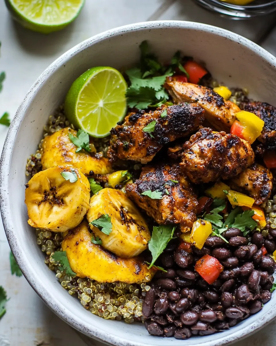 Cuban Chicken and Black Bean Quinoa Bowls with Fried Bananas