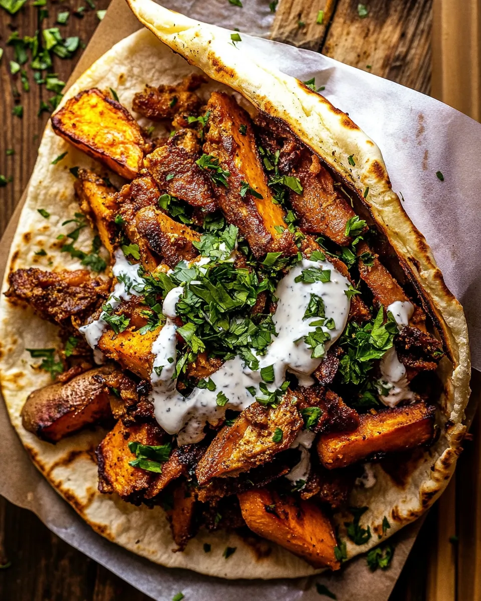 Curry Chicken Gyro and Tahini Sweet Potatoes