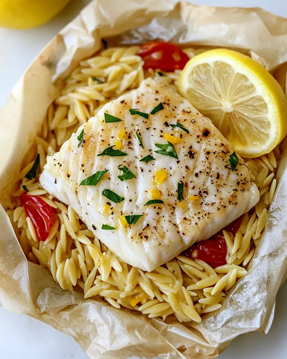Lemon Garlic Butter Orzo and Fish Parchment Packets