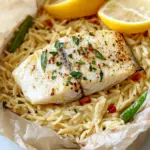 Lemon Garlic Butter Orzo and Fish Parchment Packets