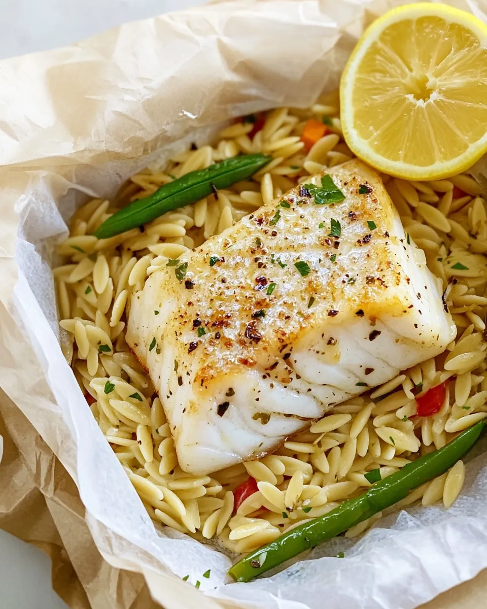 Lemon Garlic Butter Orzo and Fish Parchment Packets