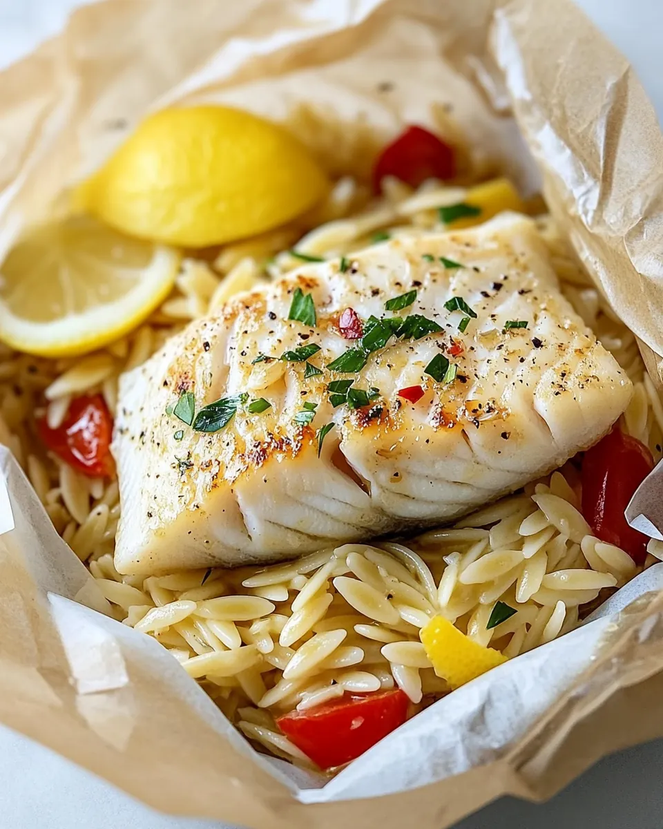 Lemon Garlic Butter Orzo and Fish Parchment Packets