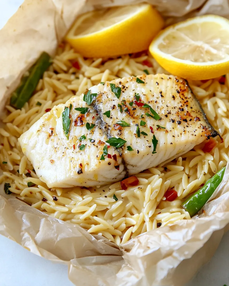 Lemon Garlic Butter Orzo and Fish Parchment Packets