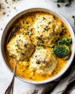 One Pot Broccoli Cheddar and Dumplings