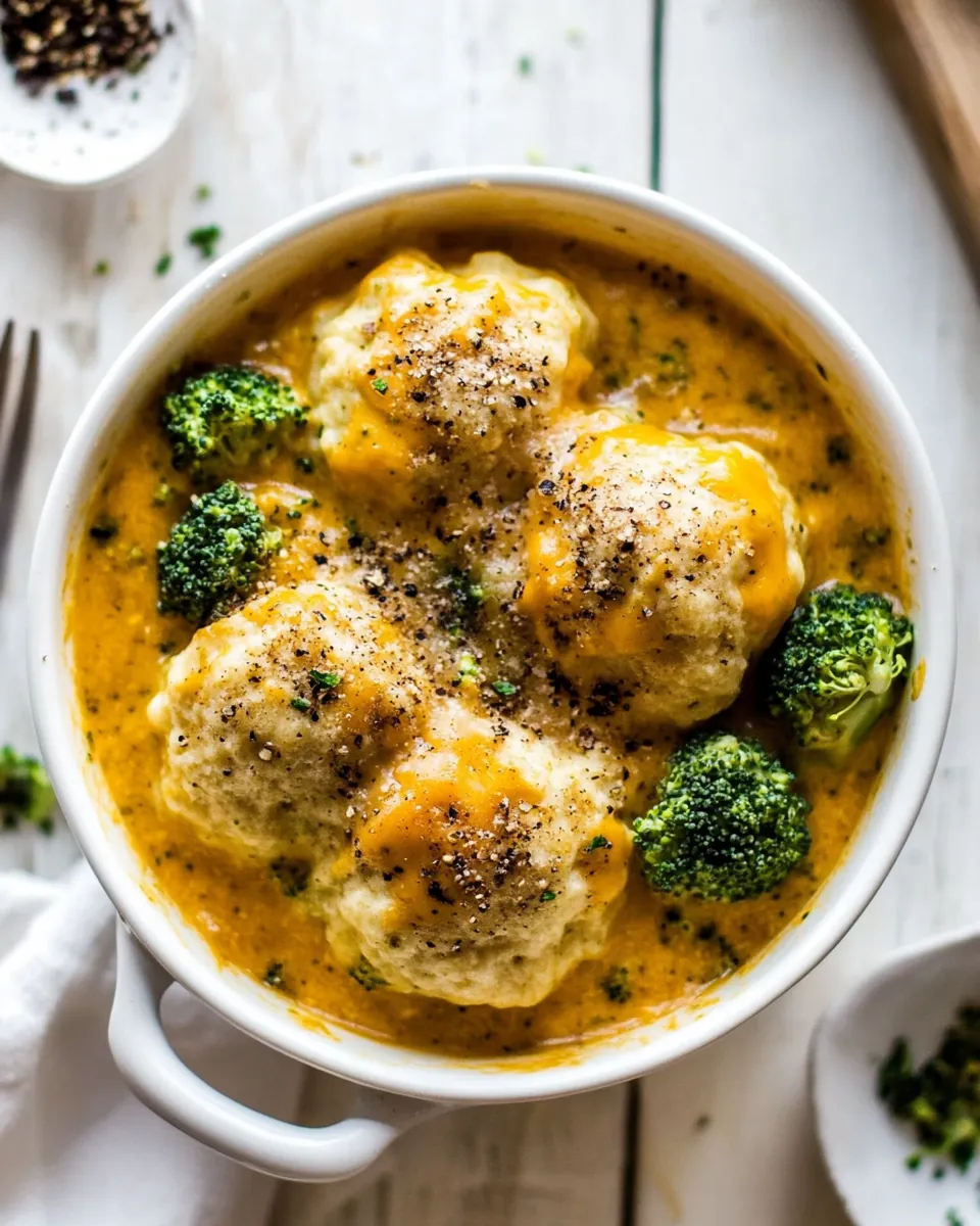 One Pot Broccoli Cheddar and Dumplings