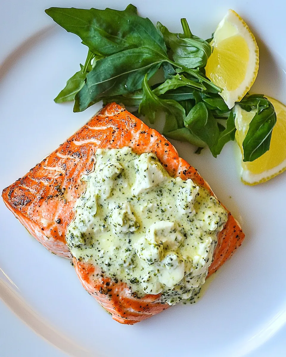 Pan Fried Salmon with Pesto Cream Cheese Sauce