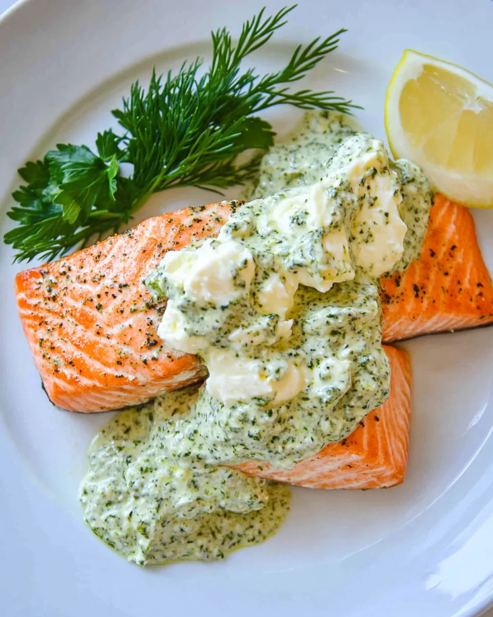 Pan Fried Salmon with Pesto Cream Cheese Sauce