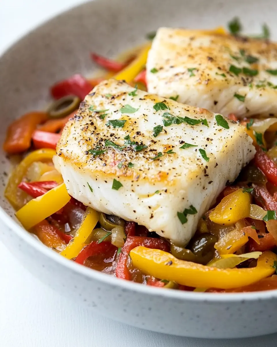 Pan Seared Halibut with Peppers and Olives