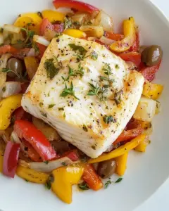 Pan Seared Halibut with Peppers and Olives