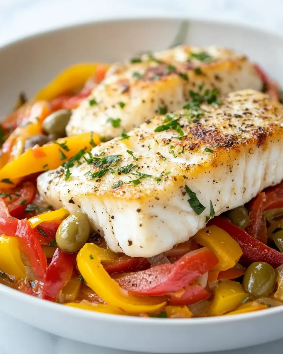 Pan Seared Halibut with Peppers and Olives