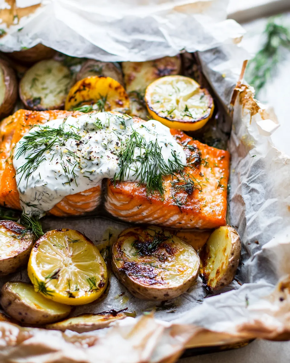 Parchment Baked Lemon Salmon and Potatoes with Dill Yogurt