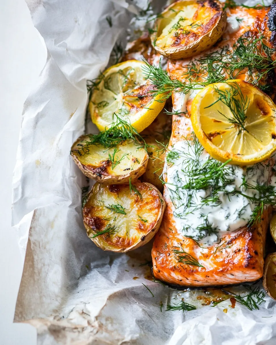 Parchment Baked Lemon Salmon and Potatoes with Dill Yogurt