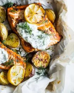 Parchment Baked Lemon Salmon and Potatoes with Dill Yogurt