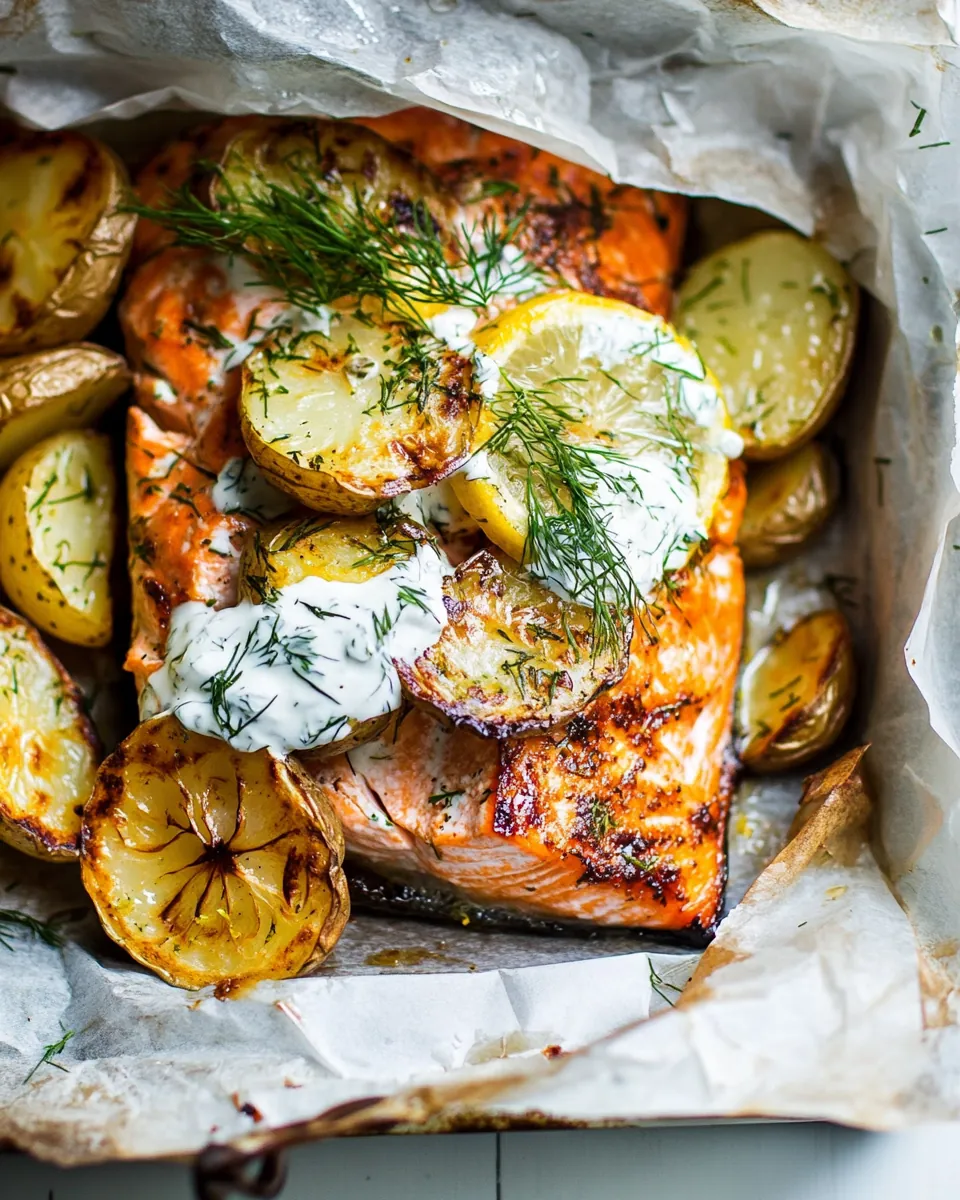 Parchment Baked Lemon Salmon and Potatoes with Dill Yogurt