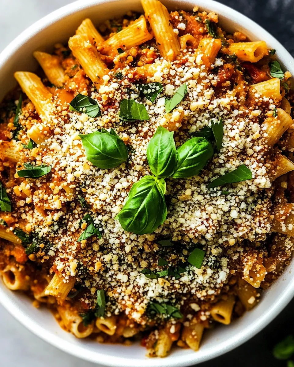Pasta with Tomato Pesto and Garlicky Breadcrumbs