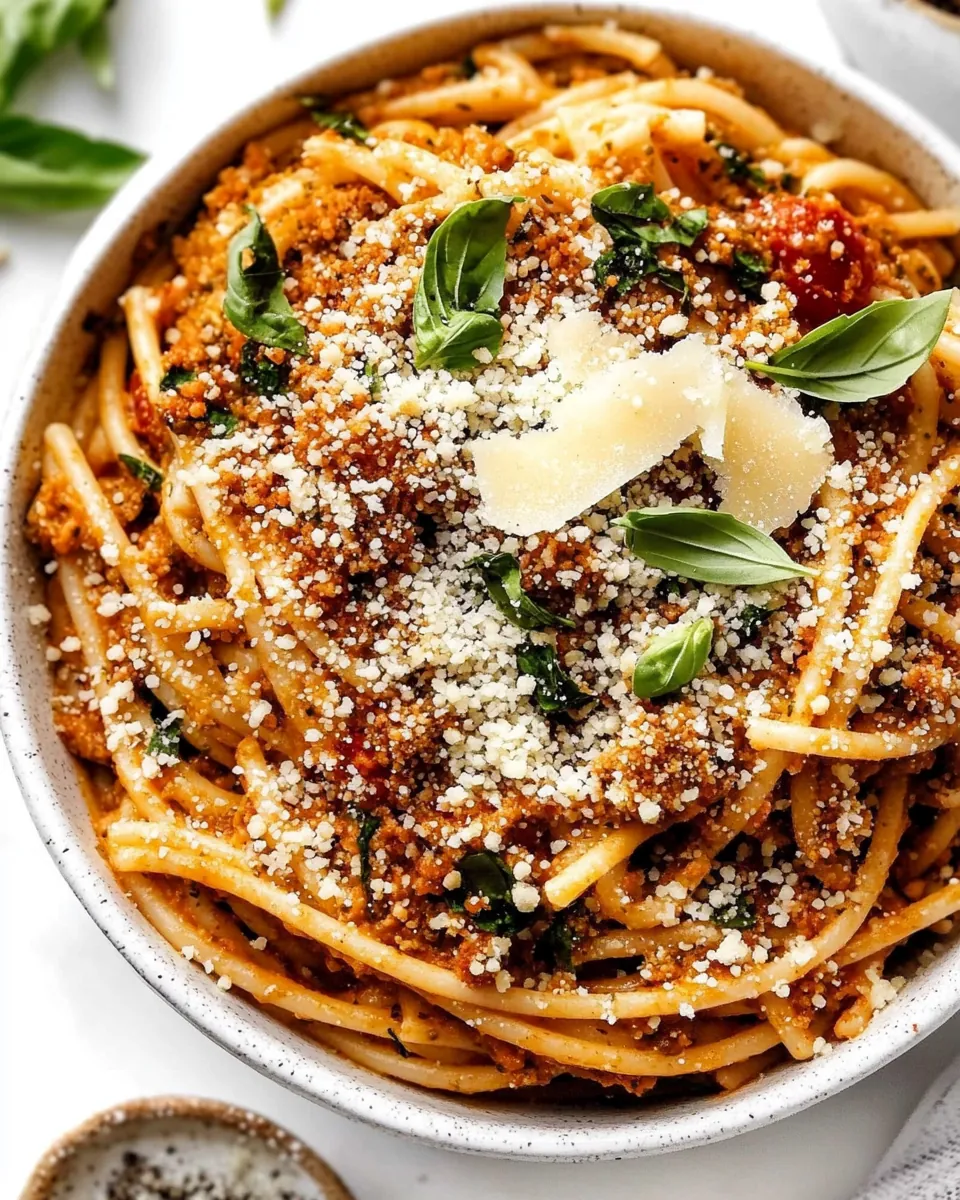 Pasta with Tomato Pesto and Garlicky Breadcrumbs