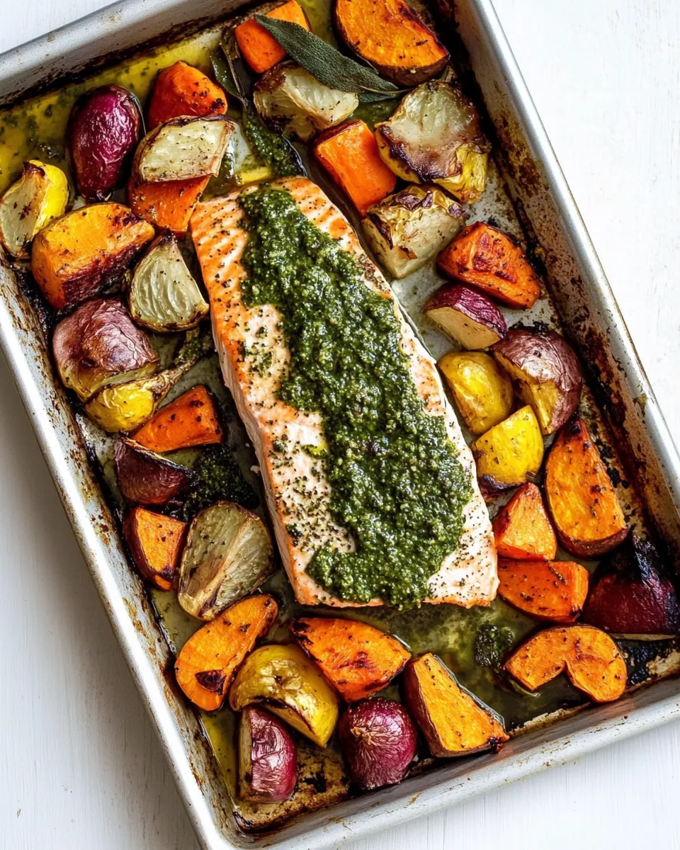 Sheet Pan Salmon with Sage Pesto and Root Vegetables
