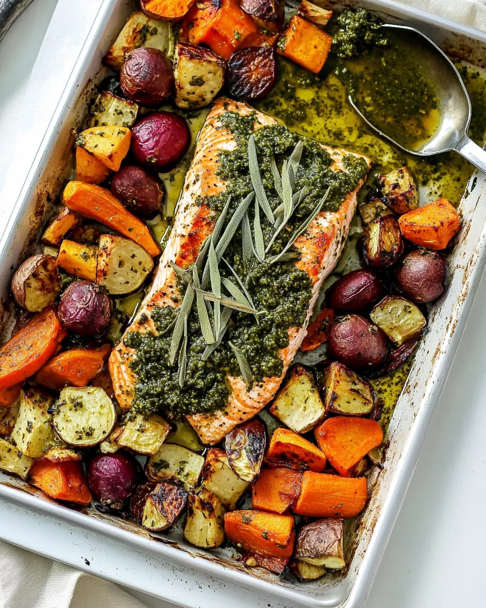 Sheet Pan Salmon with Sage Pesto and Root Vegetables