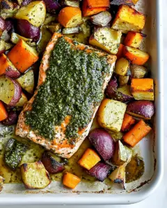 Sheet Pan Salmon with Sage Pesto and Root Vegetables