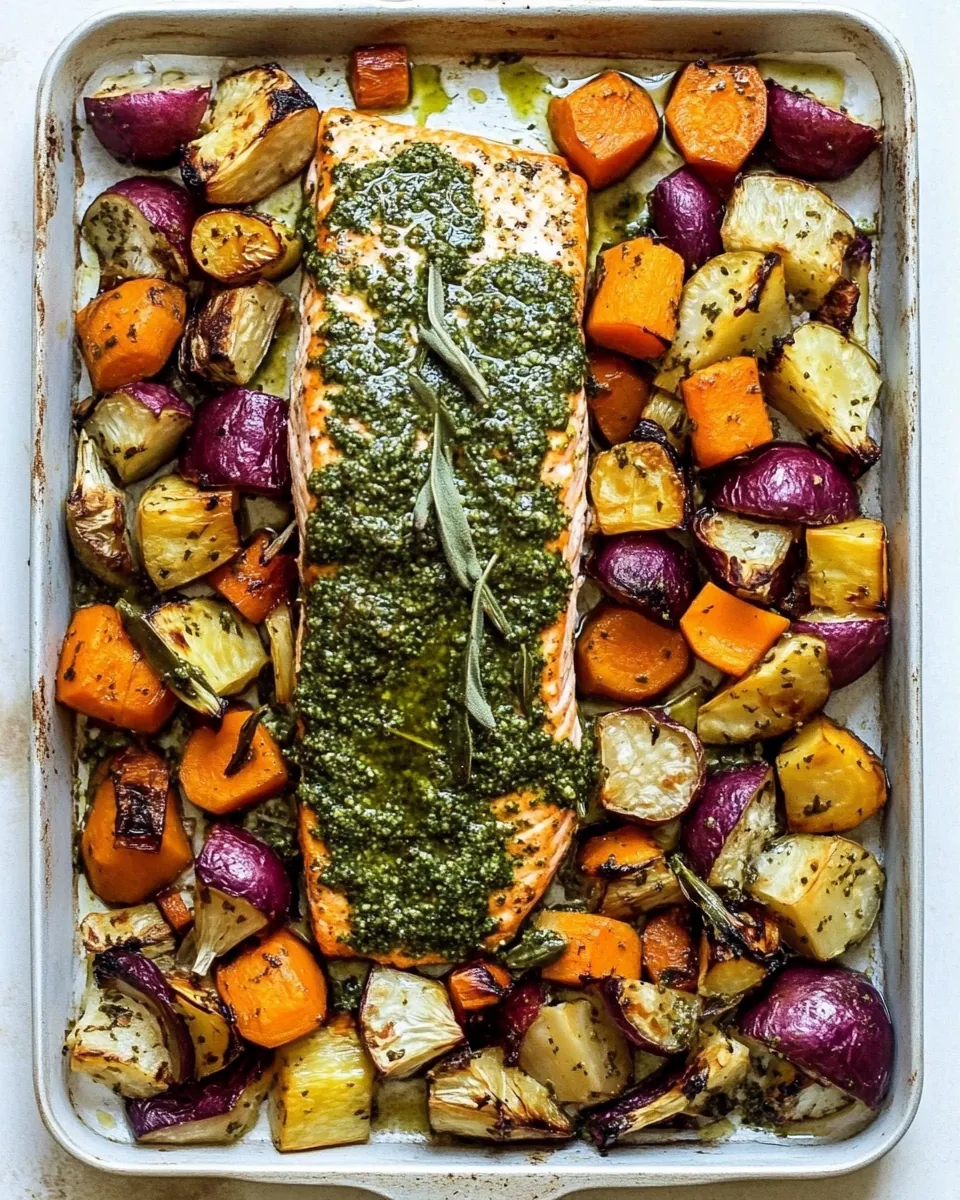 Sheet Pan Salmon with Sage Pesto and Root Vegetables