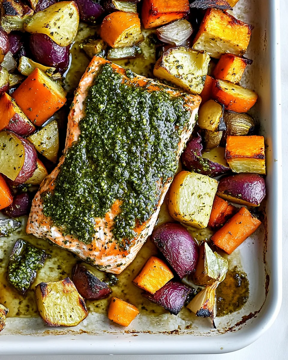 Sheet Pan Salmon with Sage Pesto and Root Vegetables