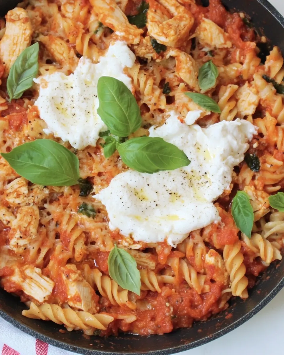 Skillet Cheesy Chicken Rotini with Homemade Tomato Basil Sauce