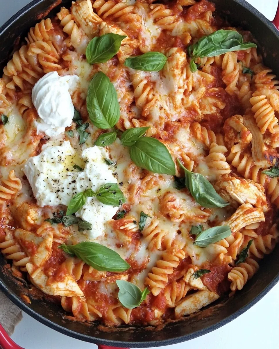 Skillet Cheesy Chicken Rotini with Homemade Tomato Basil Sauce