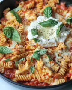 Skillet Cheesy Chicken Rotini with Homemade Tomato Basil Sauce